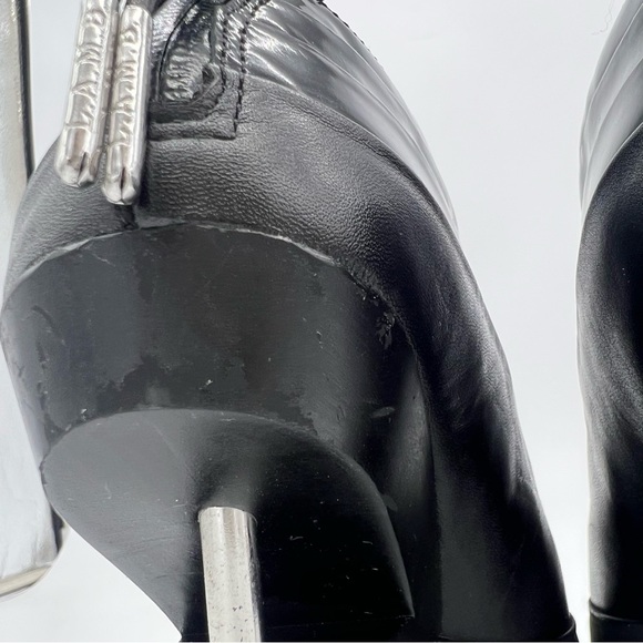 L.A.M.B.Black Patent Leather Open Toe Ankle Boots Silver Stiletto Heel Modern - Picture 7 of 13